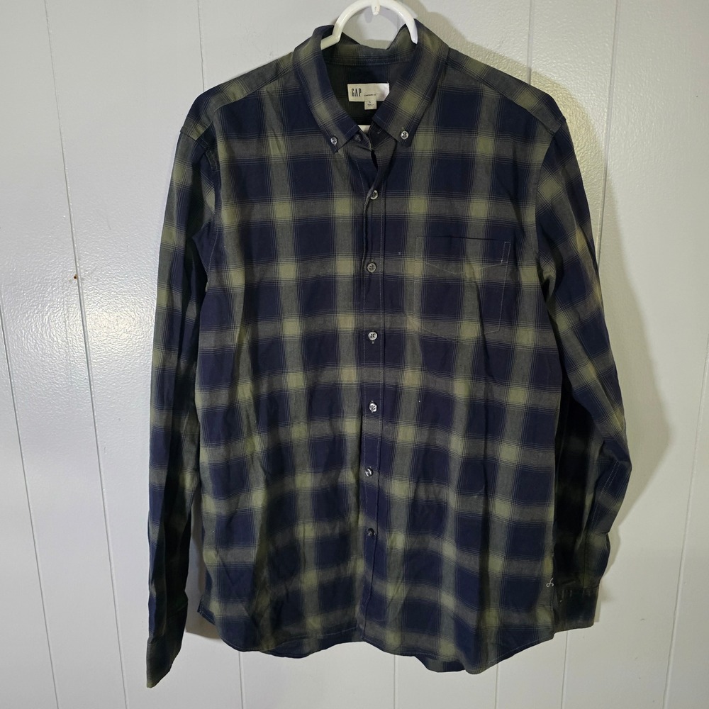 Gap Mens Large Long Sleeve Flannel Plaid Button Down Shirt Olive Green Navy Blue